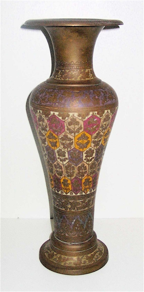 Antique Tall Brass Indian Vase With Etched Color By Brianworld 4443