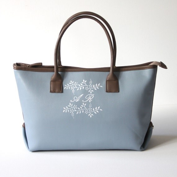 Monogram Faux leather blue gray tote bag Padded handbag