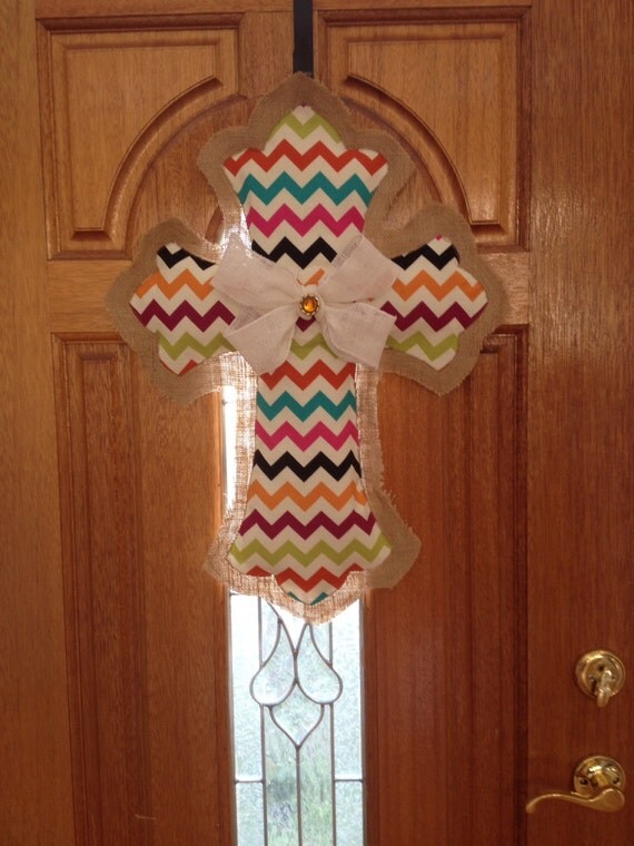 Items similar to Burlap and fabric cross door hanger on Etsy