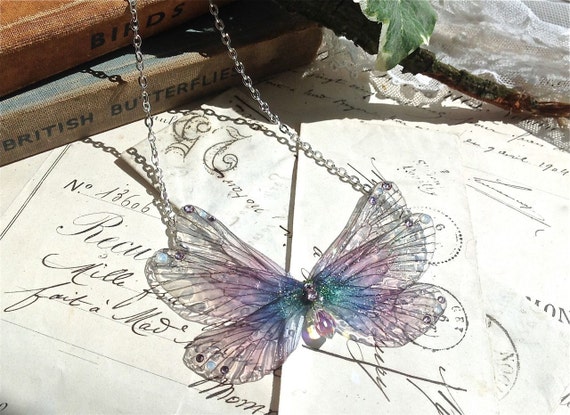 Pretty purple rainbow Faerie wing s small Necklace