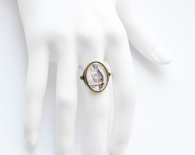 FOREST Oval ring brass and glass with bird owl , Ring size: 6.5 in (USA) / 13,5 (Italy) / 17 (Russia)
