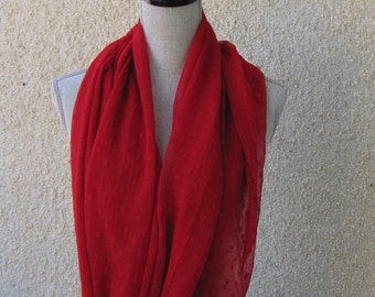 Fabric scarf, Infinity scarf, tube scarf, eternity scarf, loop scarf, long scarf in a filmy red fabric