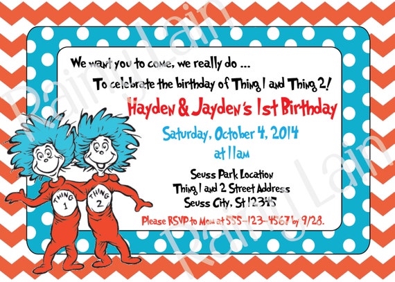 Thing 1 and Thing 2 Printable Twin Birthday Party Invitation