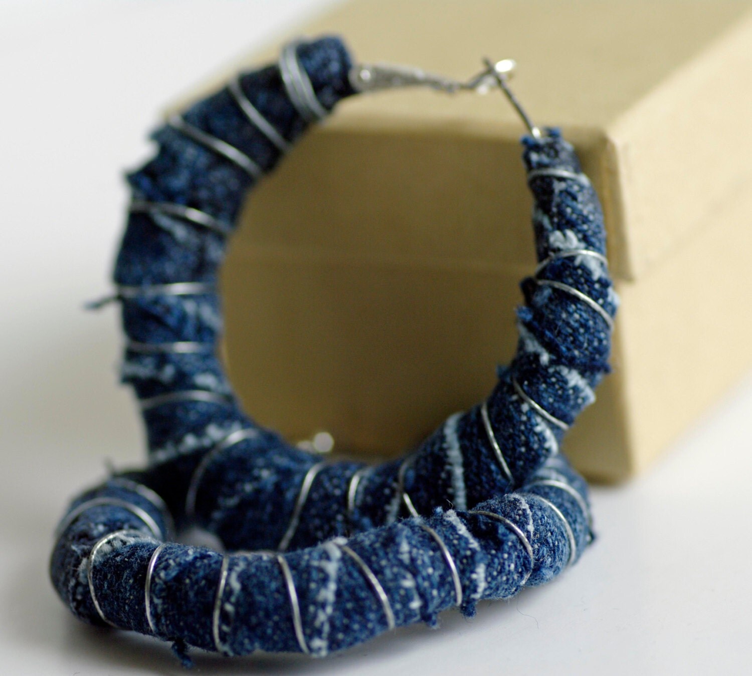 Earrings Blue Denim Jeans Fabric & Wire by JeansSeamsBracelets