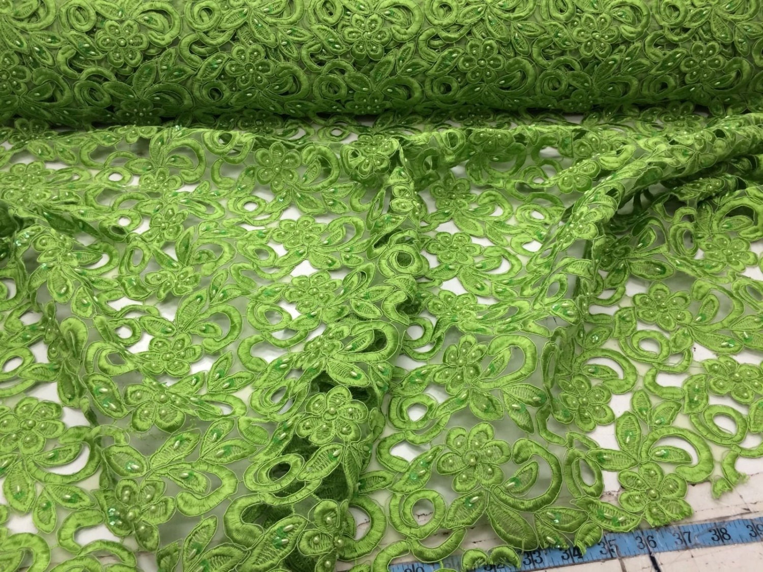 Lime Green Flowers Embroider And Hand Beaded On A Organza