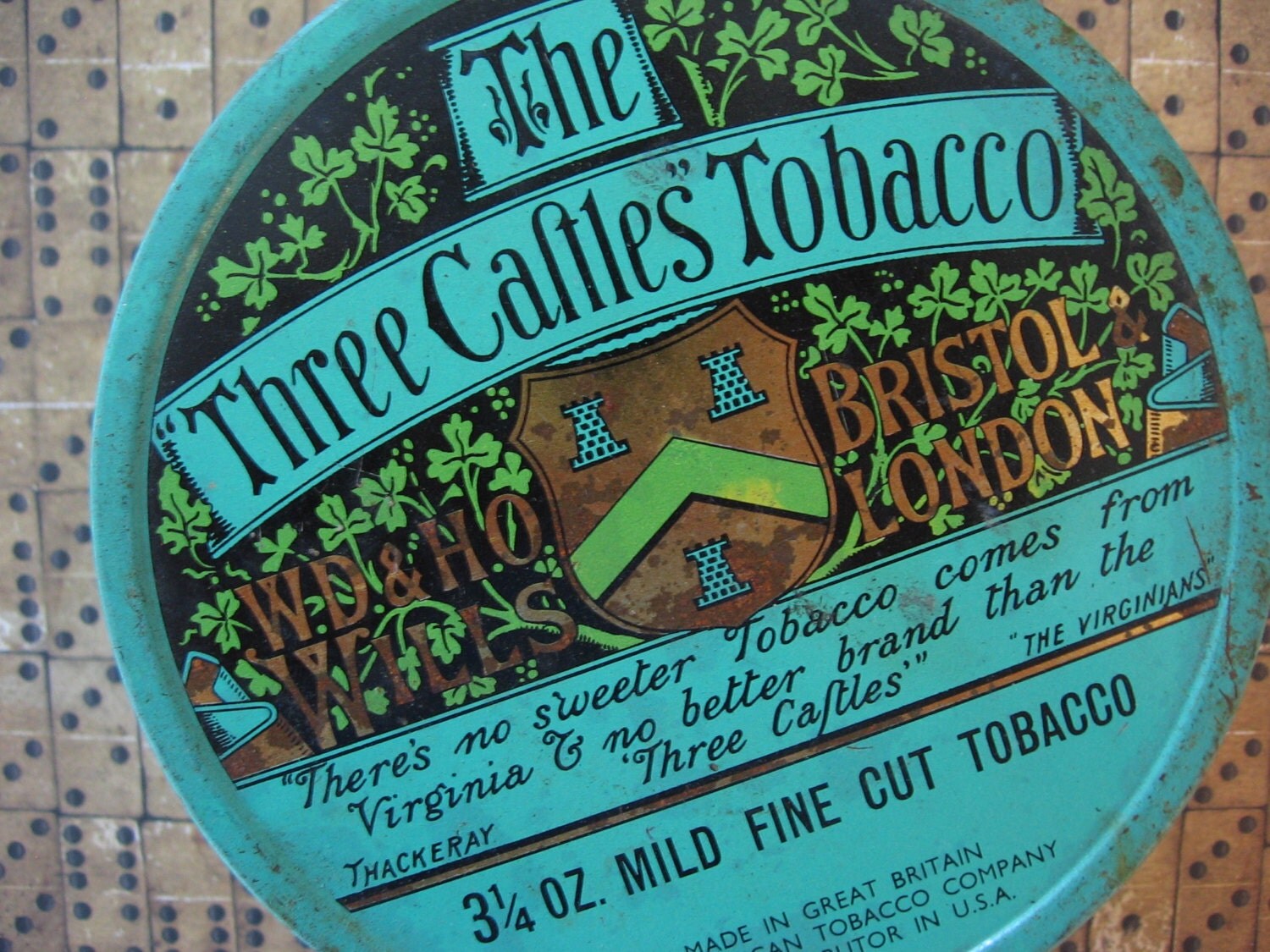 Vintage Three Castles Tobacco Turquoise Tin Bristol England