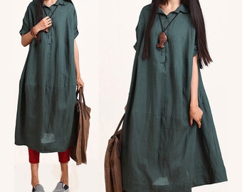 New Women Green Shift Dress/Lapel Short Sleeve Summer Dress/Linen Loose ...