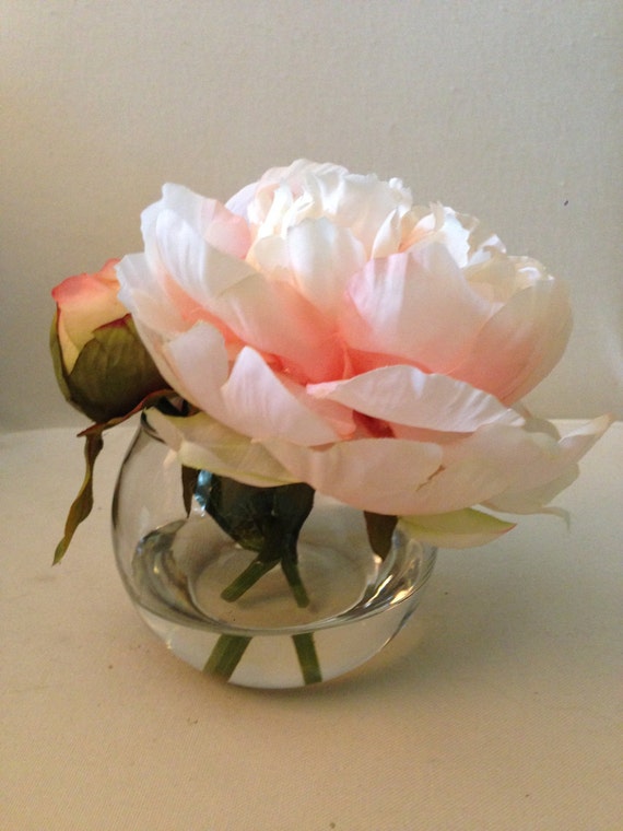 faux flower arrangements in acrylic water peach peony silk