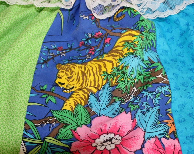 HALF PRICE ** Jungle Tiger Print Girls size 1T Dress. Yellow Blue Green Dress and Diaper Cover. Jungle Tiger print panel Skirt