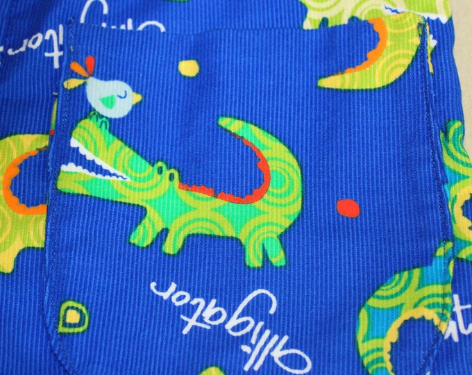 HALF PRICE ** Baby Crocodile Overalls Size 18 months Green Crocodiles on bright blue Corduroy. Back pocket Birthday Christmas Easter gift