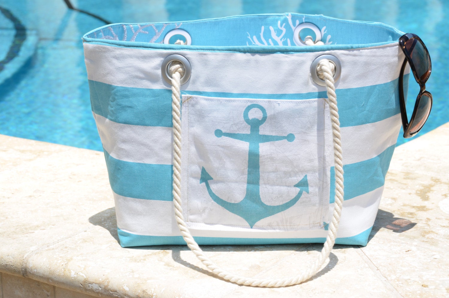 Beach Bag Nautical Tote with turquoise and white by RobertCayman