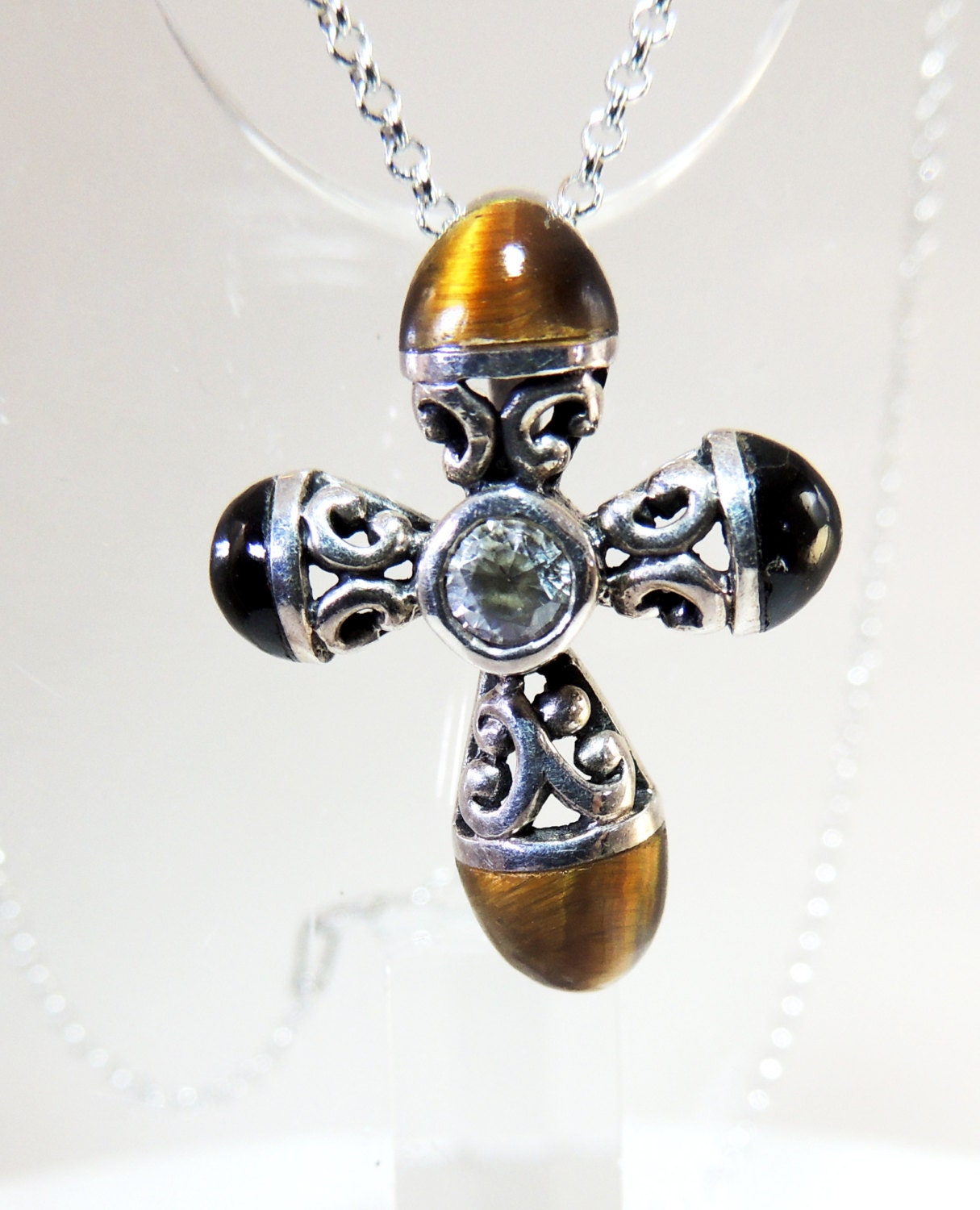 Tiger Eye Cross Sterling Silver Vintage Jewelry Necklace