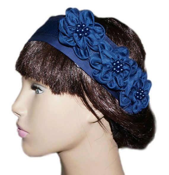 Navy blue headband embellished with three soft by BoutiqueSarah