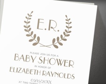brown monogram baby shower invites