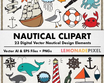 Nautical Clipart - Hand Drawn clip art, nautical doodles, digital collage sheet, boat clipart, whale clipart, ship clipart, sea life vectors