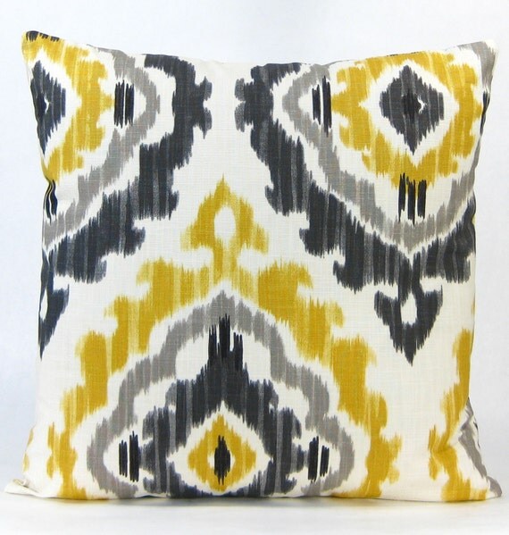 Grey Ikat Pillow Yellow Gray and Black Ikat Designer Throw