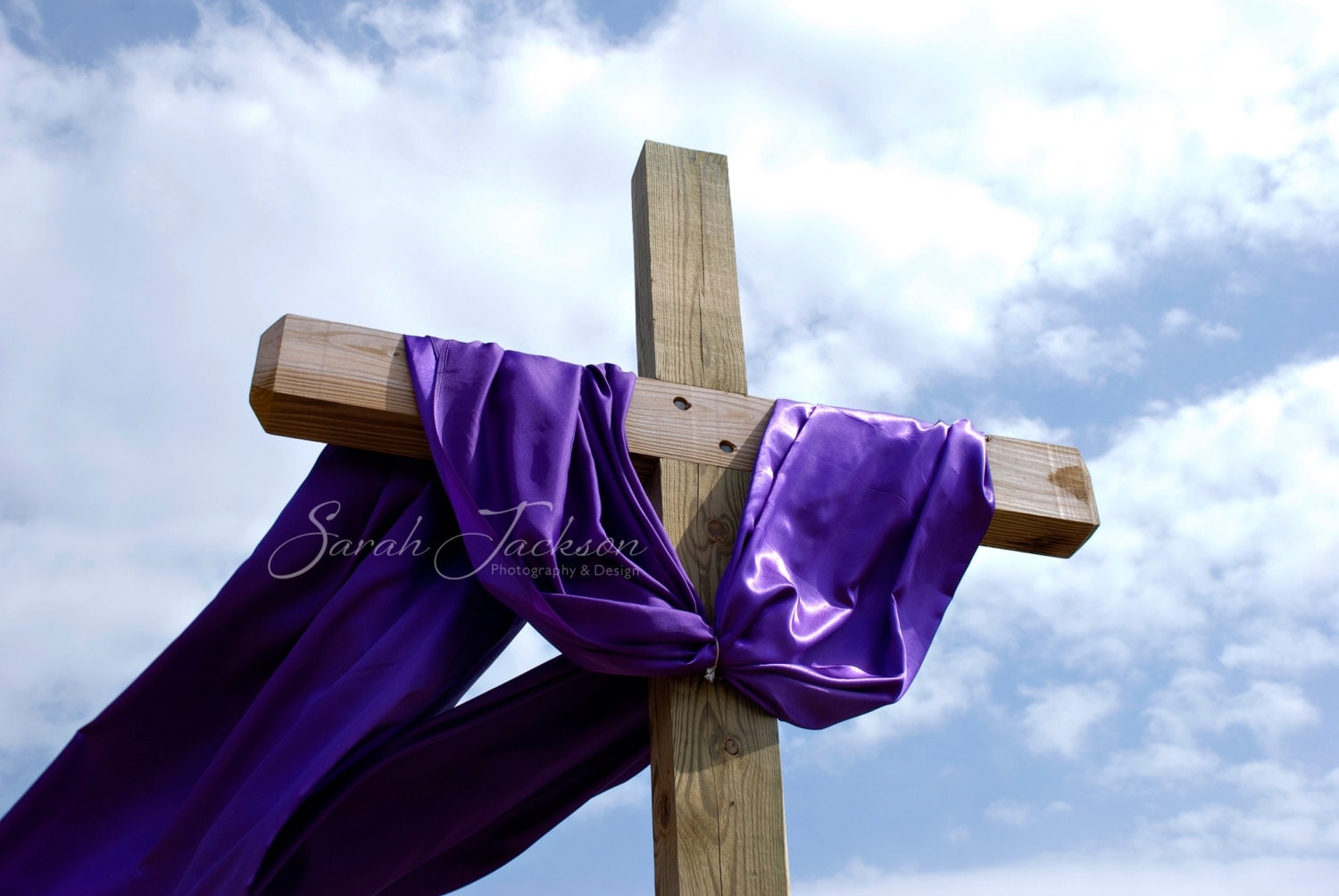 Cross with purple sash blowing in the wind by SarahKathleenShop