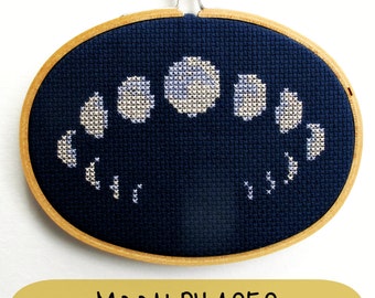moon phases cross-stitch pattern, celestial design, lunar cycle, moon pattern, night sky, la luna, phases of the moon, by cozyblue on etsy