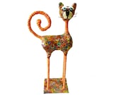 Art Animal Sculpture,Metal Cat Sculpture,Handmade, Polymer Clay, made in Israel, orange. Cat figures