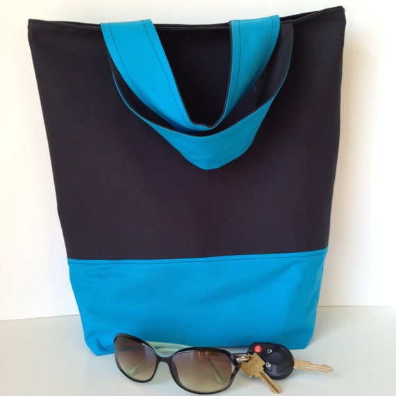 SUMMER CLEARANCE - Canvas Tote Beach Bag - Black and Turquoise