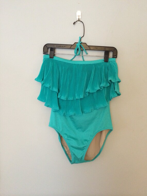 1970s teal swim suit / Ruffle halter top by cashmerevintage