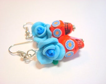 Orange and Blue Day of the Dead Roses and Sugar Skull Earrings