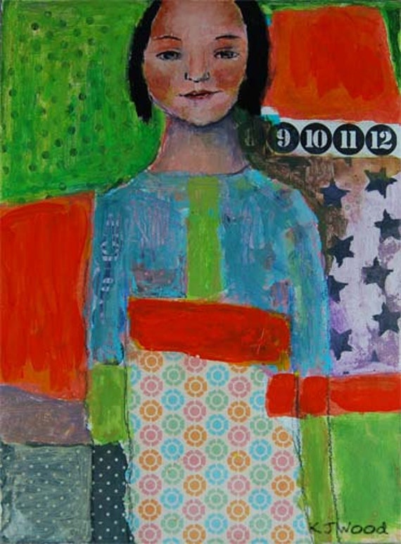 Acrylic Portrait Painting, Collage, She's Got Her Momma's Eyes, Green, Orange, Blue, 9x12 canvas panel
