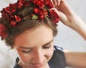 red flower crown, wedding hair accessories, red bridal hairpiece -OUT WANDERING- rose floral crown, flower girl hair wreath, headpiece