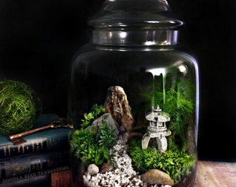 Custom Japanese Garden Terrarium with Miniature Path, Pagoda, Tree in a Large Apothecary Jar