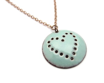 Turquoise Blue Heart Necklace, Round Pendant, Pastel Enamel on Copper / europeanstreetteam