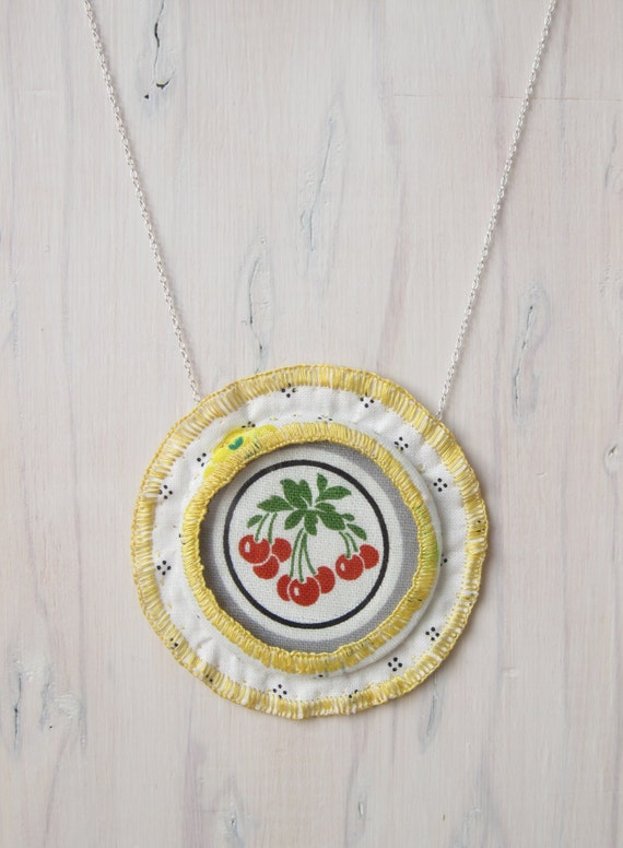 Vintage fabric pendant necklace, handstitched textile & glass charm on