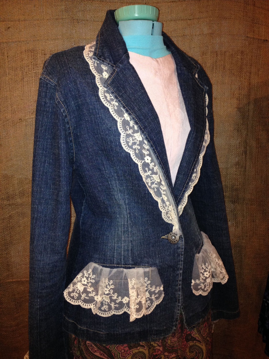 Items similar to Altered Denim Jacket with Lace Collar Pockets Sleeves ...