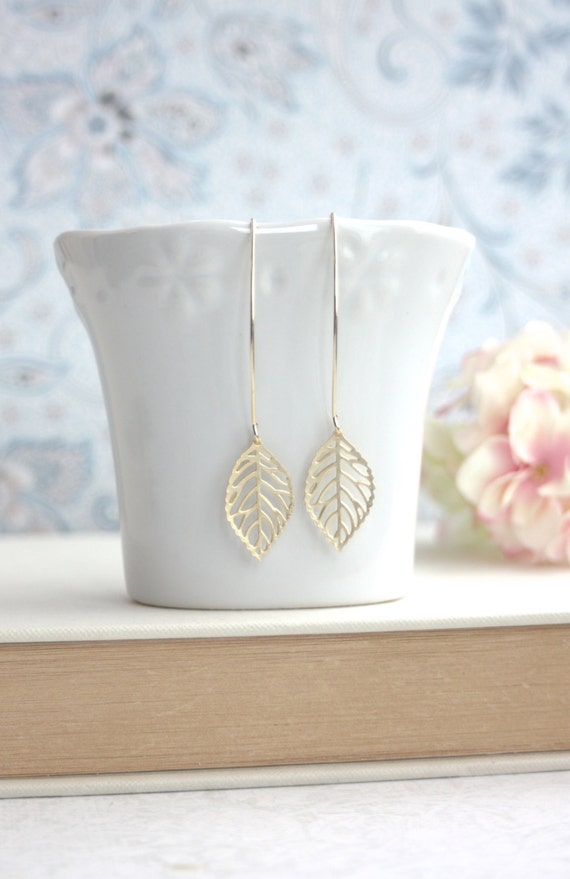 Gold Leaf Earrings. Gold Plated Leaves Long Dangle Marquise