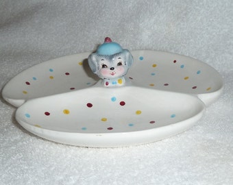 Vintage Lefton ESD Puppy Pal Poodle Dog DIVIDED Serving Tray Dish Miss Priss Toodles Blue Yellow Red Mid-Century Kitsch Retro Kitchen