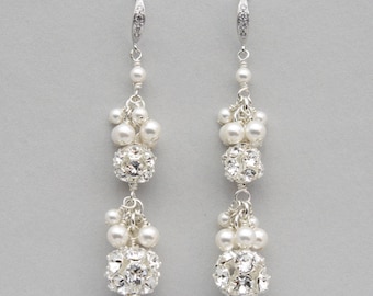 Rhinestone and Pearl Cluster Earrings, Long Pearl Bridal Earrings, Wedding Jewelry for the Bride, Pearl Drop Earrings