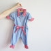 1960 baby clown romper onesie . denim and gingham .sale s a l e .disaster relief