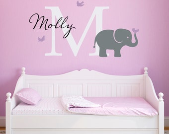 Initial & Name Decal with Elephant and Birds - Elephant Wall Decal - Custom Girls Name Decal - Large