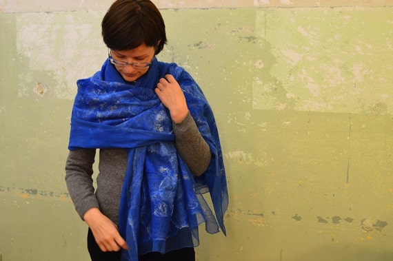 Nuno felted scarf, blue shawl, Nuno felted scarf, felted silk scarf, silk wool scarf