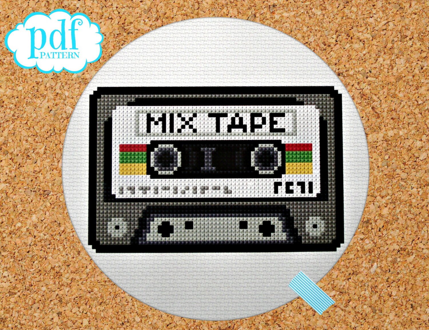 Mix Tape cross stitch pattern. Needlepoint tapestry. Retro