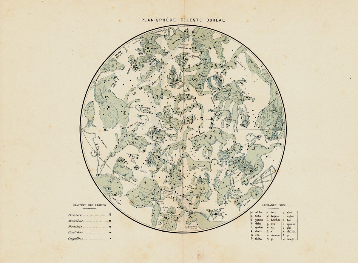 1891 Antique CELESTIAL PLANISPHERE print by TwoCatsAntiquePrints