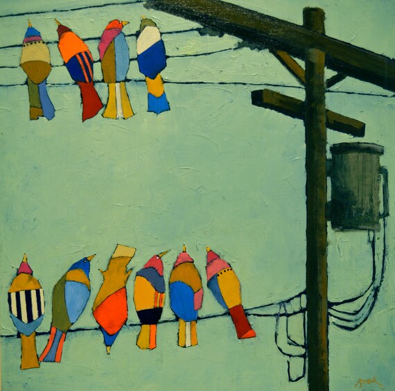 Birds on a wire wall art/colorful birds art print/modern bird
