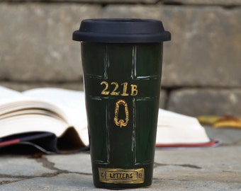 Sherlock Holmes Ceramic Travel Mug - Custom Personalized Mug - Mystery lover Eco Cup Lid - Stonehenge Art - literary gift