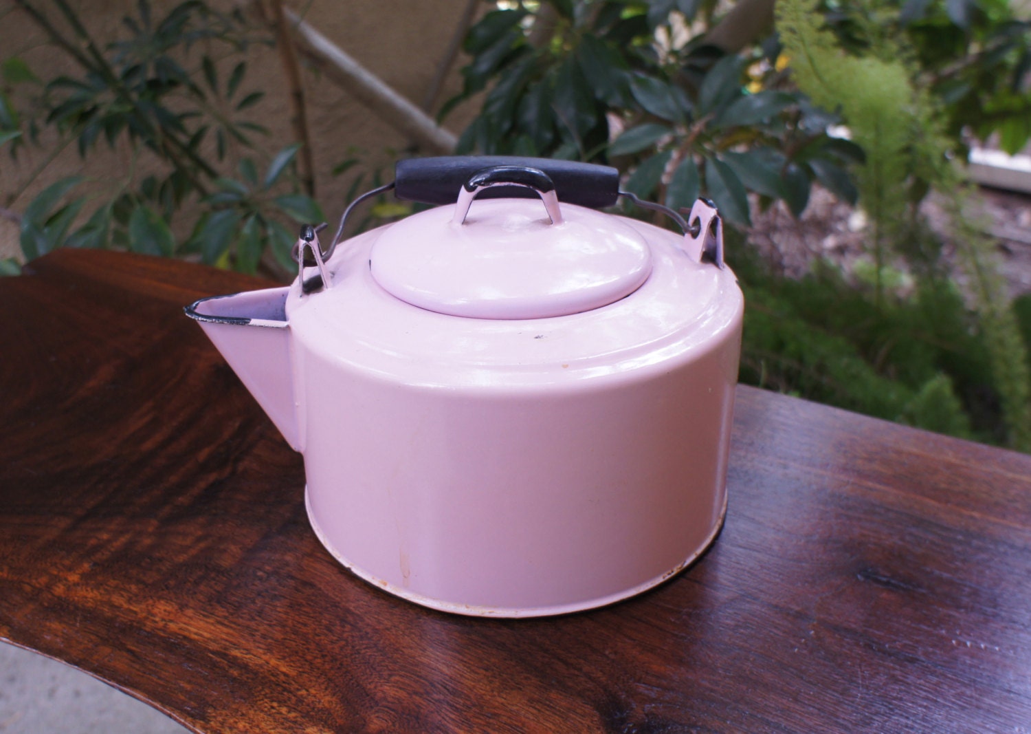 Vintage Pink Enamel Tea Kettle 1950s Tea Pot or Kettle Black