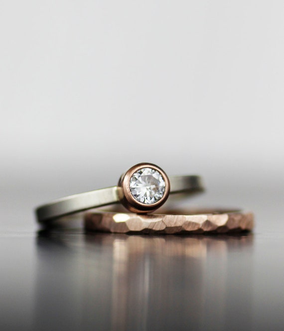Wedding ring set - rose gold, stacking, alternative moissanite and gold engagement bands, unique wedding set - his and hers - ecofriendly