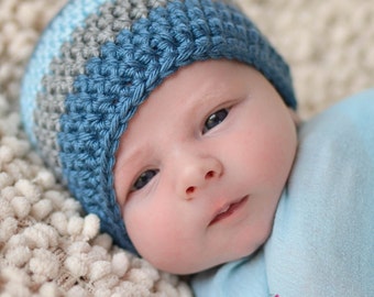 Crochet Baby Boy Beanie Newborn to 5T Hat Soft Blue/Heather Grey/Country Blue - MADE TO Order