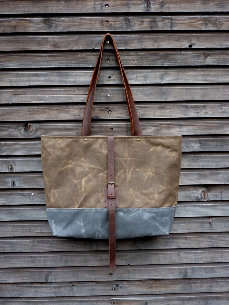 Waxed canvas bag / tote bag with leather handles and double