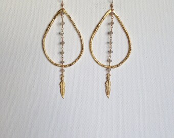 Gold Feather Hoop Earrings with Labradorite Stone Earrings, Labradorite Earrings, Gold Feather Earrings, Bohemian Jewelry - Indira Boheme