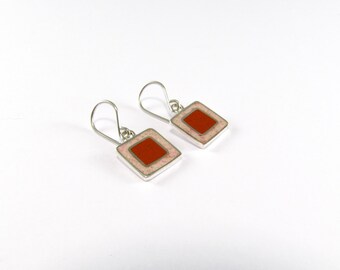Sterling Silver Earrings, Red and Pink Squares, Soft Colors, Dangle, Modern, Contemporary