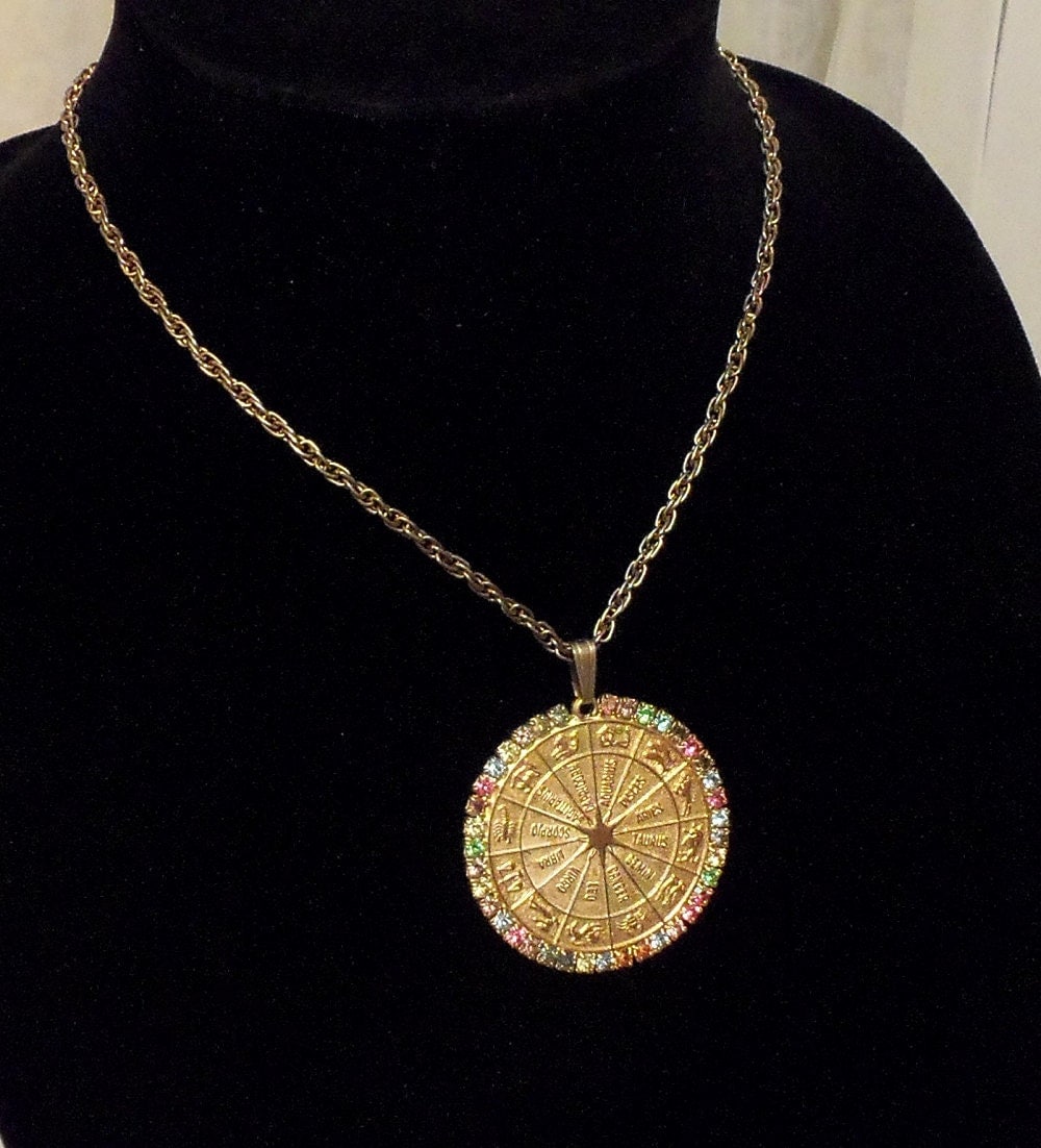Zodiac Pendant, Vintage 1960s Horoscope Wheel Charm Necklace, Statement ...