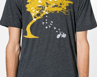Mens birds bicycle and tree american apparel heather black t shirt gray- available in s,m, l, xl, xxl-WorldWide shipping